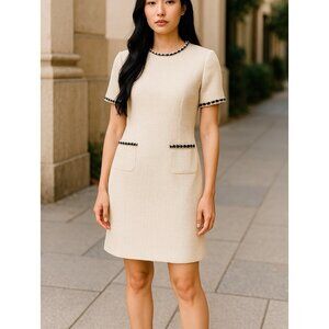 Commense Tweed Sheath Dress M Contrast Trim Short Sleeve